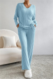 Black Casual Threaded V Neck Long Sleeve tops and Straight Leg Pants Knitted Two Pieces Matching Sets