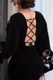 Black Long Wide Sleeve with Floral Appliqué Cutouts Fishtail Patry Gown Formal Evening Asymmetrical Ruffle Hem Bodycon Maxi Dress