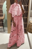 White Vacation Cut Out Buttons Turndown Collar Half Sleeve Tops and Belted Wide Leg Pants Two Pieces Sets