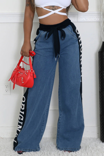 Blue Casual Letters Pocket Drawstring Strap Design Contrast Mid Waist Straight Leg Denim Jeans