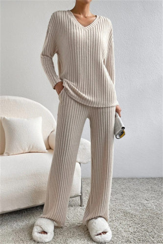 Black Casual Threaded V Neck Long Sleeve tops and Straight Leg Pants Knitted Two Pieces Matching Sets