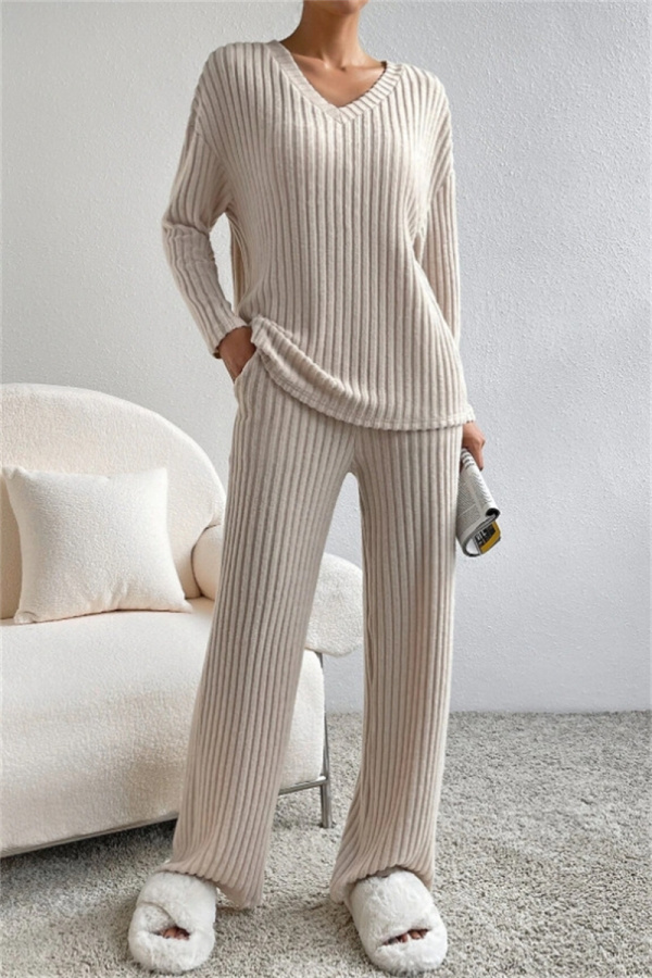 Black Casual Threaded V Neck Long Sleeve tops and Straight Leg Pants Knitted Two Pieces Matching Sets