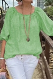Yellow Loose Cotton And Linen Casual Round Neck Half Sleeve Tops Blouses