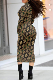 Black White Geometric Letters Print Half A Turtleneck Long Sleeve Casual Street Wrap Pencil Midi Dress