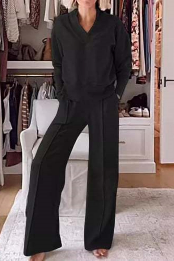 Wine Red Loose Casual V Neck Long Sleeve Sweatshirt and Wide Leg Pants Two Pieces Matching Sets