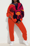 Red Sportwear Casual Figure Print Round Neck Long Sleeve Sweatshirt and Pants Two Pieces Sweatsuit Sets