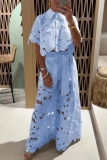 White Vacation Cut Out Buttons Turndown Collar Half Sleeve Tops and Belted Wide Leg Pants Two Pieces Sets