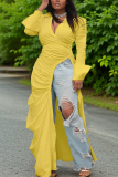 Green Deep V Neck Long Sleeve with Flared Cuffs Side High Slit Long Flowing Layer Ruched Maxi Dress