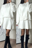White Knitted Casual Round Neck Long Sleeve Tops and A-line Mini Skirts Sweater Two Pieces Sets