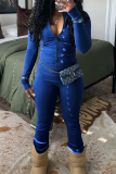Blue Sportwear Pocket Zipper Collar Long Sleeve Jacket and Flare Leg Pants Two Pieces Sweatsuits Sets
