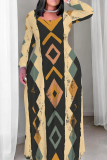 Blue Pink Graphic Print O Neck Long Sleeve Floor Length Casual Outings Loose Boho Maxi Dress