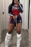 Red Skinny Casual Sportswear Letter Print V Neck Long Sleeve Tops and Drawstring Mini Skirts Two Pieces Sweatsuits Sets