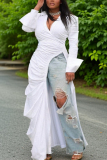 Green Deep V Neck Long Sleeve with Flared Cuffs Side High Slit Long Flowing Layer Ruched Maxi Dress