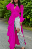 Green Deep V Neck Long Sleeve with Flared Cuffs Side High Slit Long Flowing Layer Ruched Maxi Dress