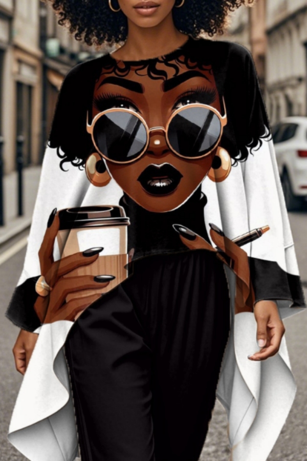 Black Loose Casual Figure Print Irregular Round Neck Long Sleeve High Low Tops Blouses