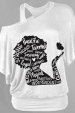 Brown Loose Casual Figure Print Oblique Collar One Cold Shoulder Short Sleeve T-Shirts Tops