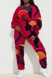 Red Sportwear Casual Figure Print Round Neck Long Sleeve Sweatshirt and Pants Two Pieces Sweatsuit Sets
