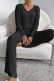 Black Casual Threaded V Neck Long Sleeve tops and Straight Leg Pants Knitted Two Pieces Matching Sets
