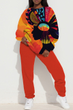 Red Sportwear Casual Figure Print Round Neck Long Sleeve Sweatshirt and Pants Two Pieces Sweatsuit Sets