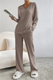 Black Casual Threaded V Neck Long Sleeve tops and Straight Leg Pants Knitted Two Pieces Matching Sets