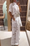White Vacation Cut Out Buttons Turndown Collar Half Sleeve Tops and Belted Wide Leg Pants Two Pieces Sets