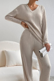 Black Casual Threaded V Neck Long Sleeve tops and Straight Leg Pants Knitted Two Pieces Matching Sets