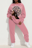 Red Sportwear Casual Figure Print Round Neck Long Sleeve Sweatshirt and Pants Two Pieces Sweatsuit Sets