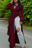 Green Deep V Neck Long Sleeve with Flared Cuffs Side High Slit Long Flowing Layer Ruched Maxi Dress