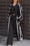 Black Casual Stripe V Neck Long Sleeve Sweatshirts and Wide Leg Pants Two Pieces Sweatsuits Sets