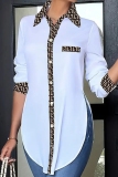 White Blue Casual Abstract Print Slit Button up Turndown Collar Long Sleeve Tops Shirts