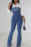Dark Blue Skinny Cut Out Zipper Adjustable Belted Strapless Flare Leg Tube Denim Jumpsuits