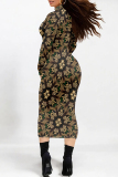Black White Geometric Letters Print Half A Turtleneck Long Sleeve Casual Street Wrap Pencil Midi Dress