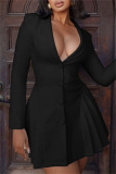 Black Turndown Collar Deep V Neck Long Sleeve Office Wear Pleated Hem Slim Fit Blazer Mini Dress