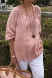 Yellow Loose Cotton And Linen Casual Round Neck Half Sleeve Tops Blouses