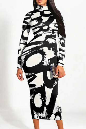 Black White Geometric Letters Print Half A Turtleneck Long Sleeve Casual Street Wrap Pencil Midi Dress