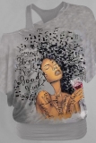 Khaki Loose Casual Figure Print Oblique Collar One Cold Shoulder Short Sleeve T-Shirts Tops