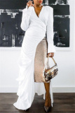 Green Deep V Neck Long Sleeve with Flared Cuffs Side High Slit Long Flowing Layer Ruched Maxi Dress