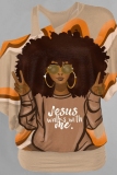 Brown Loose Casual Figure Print Oblique Collar One Cold Shoulder Short Sleeve T-Shirts Tops
