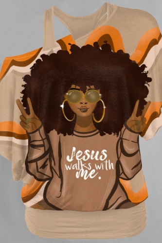 Brown Loose Casual Figure Print Oblique Collar One Cold Shoulder Short Sleeve T-Shirts Tops