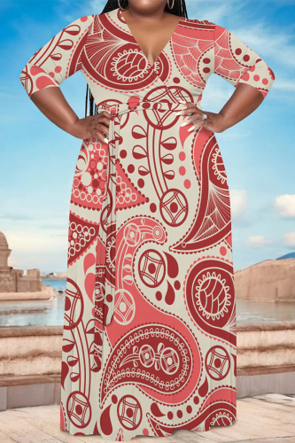 Light Blue Geometric Print V Neck 3/4 Sleeve Lace Up Casual Outings Plus Size Straight Loose Maxi Dress
