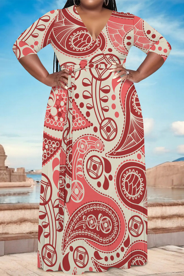 Light Blue Geometric Print V Neck 3/4 Sleeve Lace Up Casual Outings Plus Size Straight Loose Maxi Dress