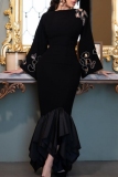 Black Long Wide Sleeve with Floral Appliqué Cutouts Fishtail Patry Gown Formal Evening Asymmetrical Ruffle Hem Bodycon Maxi Dress