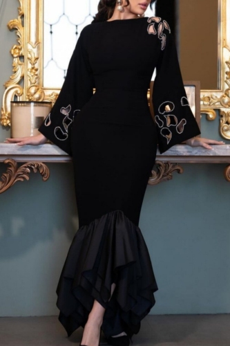 Black Long Wide Sleeve with Floral Appliqué Cutouts Fishtail Patry Gown Formal Evening Asymmetrical Ruffle Hem Bodycon Maxi Dress