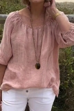 Yellow Loose Cotton And Linen Casual Round Neck Half Sleeve Tops Blouses