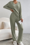 Black Casual Threaded V Neck Long Sleeve tops and Straight Leg Pants Knitted Two Pieces Matching Sets