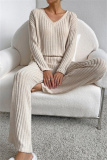 Black Casual Threaded V Neck Long Sleeve tops and Straight Leg Pants Knitted Two Pieces Matching Sets
