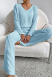 Black Casual Threaded V Neck Long Sleeve tops and Straight Leg Pants Knitted Two Pieces Matching Sets