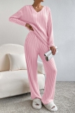 Black Casual Threaded V Neck Long Sleeve tops and Straight Leg Pants Knitted Two Pieces Matching Sets