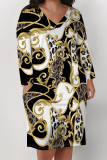 Red Blue Leopard Chain Print V Neck Long Sleeve Casual Outings Plus Size Straight Loose Midi Dress