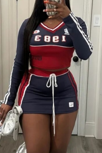 Red Skinny Casual Sportswear Letter Print V Neck Long Sleeve Tops and Drawstring Mini Skirts Two Pieces Sweatsuits Sets